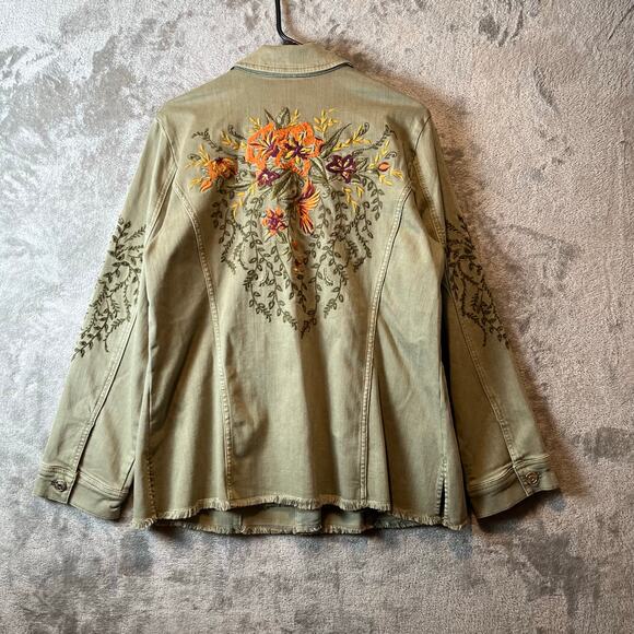 Chico’s Sage Green Utility Jacket Twill Embroidered Floral Women's Size 2 LG New - Picture 4 of 7